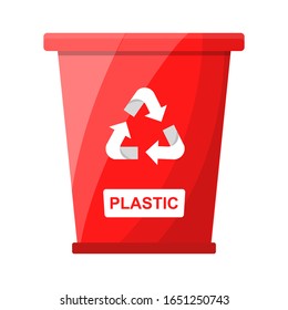 Garbage Waste Sorting Plastic Recycle Bin Red Color Flat Vector Illustration White Background