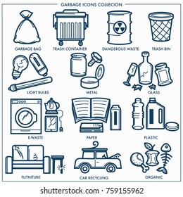 Garbage or wastes trash line icons set. 