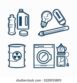 Garbage wastes trash line vector icons set of toxic, electronic plastic and metal recycling garbage