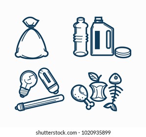 Garbage wastes trash line vector icons set of toxic, electronic plastic and food recycling garbage