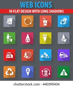 Garbage web icons in flat design with long shadows