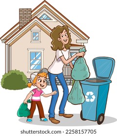 garbage woman and children cartoon vector 