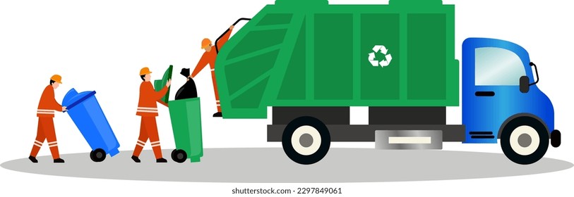 garbage worker push dumpster to the garbage truck illustration, garbage truck and sanitation worker vector illustration, trash bin, environmental cleaners svg