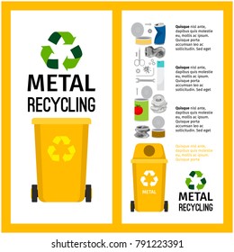 Garbage yellow container info with metal trash elements, vector illustration