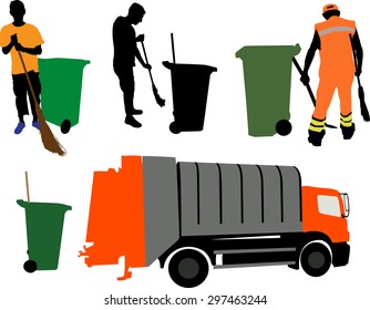 garbageman and garbage truck vector silhouette