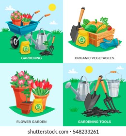 Garden 2x2 design concept set of organic vegetables garden flowers tools and inventory colored compositions flat vector illustration