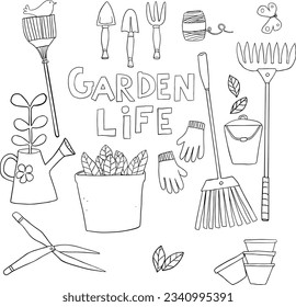 Garden accessories illustration, drawing, engraving, line vector