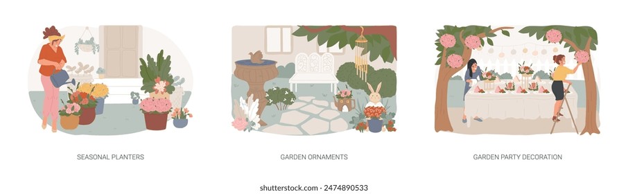 Garden accessories isolated concept vector illustration set. Seasonal planters, garden ornaments, party decoration, planting flowers, backyard lighting, dining space, front door vector concept.