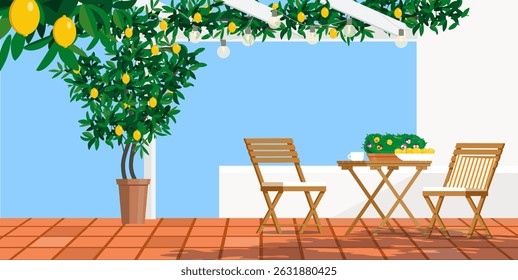 Garden accessories on amalfi style balconies under lemon tree. Vector flat illustration.