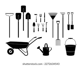 Accesorios de jardín en vectores aislados en un fondo blanco. Un conjunto de herramientas de jardín para la jardinería exterior y el cuidado del césped. El agua puede. Herramientas de jardinería