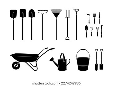 Garden accessories in vector isolated on a white background. A set of garden hand tools for outdoor gardening and lawn care. Watering can. Gardening tools