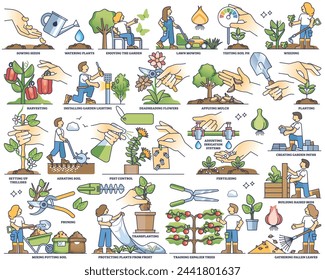 Actividades de jardinería y tareas de trabajo en la agricultura esquematizan conjunto de recolección. Elementos etiquetados con riego de jardín comestible, maleza, plantación o aireación ilustración vectorial. Tareas de campo hortícolas.