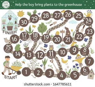 Garden adventure board game for children with cute characters. Educational spring holiday boardgame. Help the boy bring plants to the greenhouse.