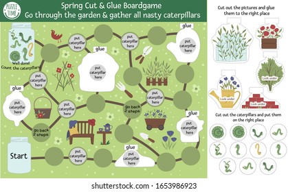 Garden adventure cut and glue board game for children with cute characters. Educational spring boardgame activity. Go through the garden and gather all the nasty caterpillars