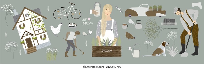 Garden, agricultural elements set. A set of vector elements on a spring theme, with the image of a gardener, a girl, animals, a dog, a bicycle, flowers, nature trees. Drawings for design, poster, bann