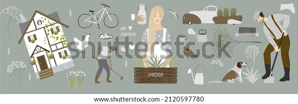 Garden, agricultural elements set. A set of vector\
elements on a spring theme, with the image of a gardener, a girl,\
animals, a dog, a bicycle, flowers, nature trees. Drawings for\
design, poster, bann