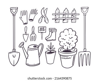 Garden and Agriculture doodle elements tool. Hand drawn black color vector illustration. Sketch style.