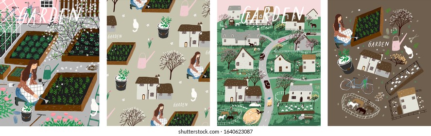 Garden, agriculture and farm. Vector illustration of gardening and spring sowing work on the garden bed, background with a pattern, landscape of nature and village. Drawing for poster, banner or card.