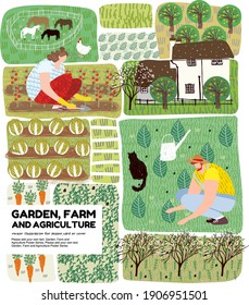 Garden, agriculture and farm.Vector illustration of work in nature in the field and vegetable garden. Drawing for poster, cover or background