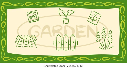 garden agriculture illustration sketch minimalist country eco natural growing plant icon line set