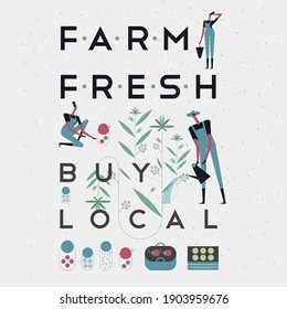 Garden, Agriculture. People are engaged in agriculture, gardening and farming. Ornament from flowering plants. Lettering, poster. Vector illustration.