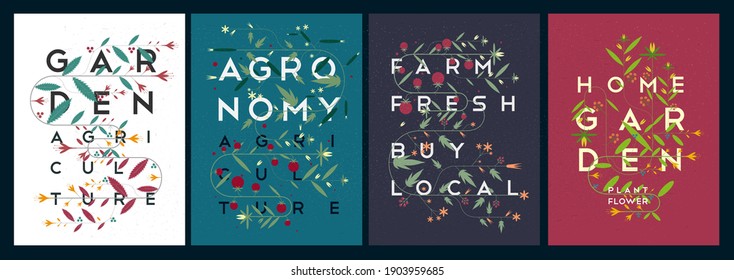 Garden, Agriculture. People are engaged in agriculture, gardening and farming. Ornament from flowering plants. Lettering, poster. Vector illustration.