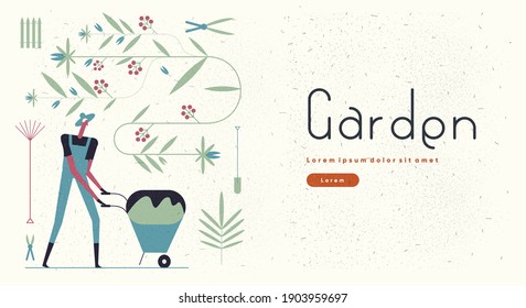 Garden, Agriculture. People are engaged in agriculture, gardening and farming. Ornament from flowering plants and a man with a wheelbarrow. Lettering, poster. Flat vector illustration.