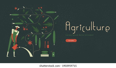 Garden, Agriculture. People are engaged in agriculture, gardening and farming. Ornament from flowering plants. Lettering, poster. Flat vector illustration.