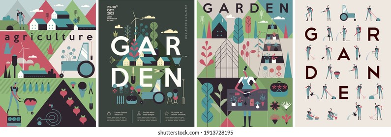 Garden, Agriculture. People Are Engaged In Agriculture, Gardening And Farming.  Lettering, Poster. People Grow Vegetables, Work In The Garden. Flat Vector Illustration.