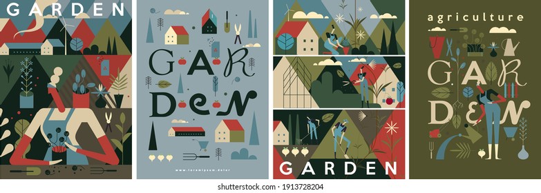 Garden, Agriculture. People are engaged in agriculture, gardening and farming.  Lettering, poster. People grow vegetables, work in the garden. Flat vector illustration.