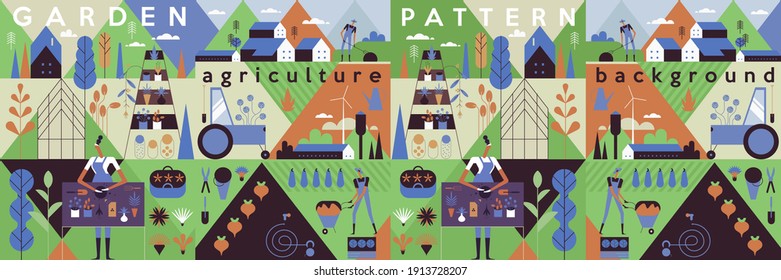 Garden, Agriculture. People are engaged in agriculture, gardening and farming. Rural landscape and farm and agriculture objects.People grow vegetables, work in the garden. Flat vector illustration.