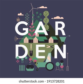 Garden, Agriculture. Rural landscape and farm and agriculture objects. Lettering, poster.  Flat vector illustration.