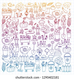 Garden, agriculture, garden tools, equipment, harvest. Icons of gardening items.