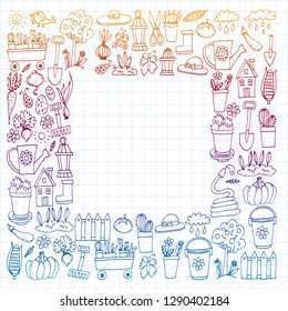 Garden, agriculture, garden tools, equipment, harvest. Icons of gardening items.