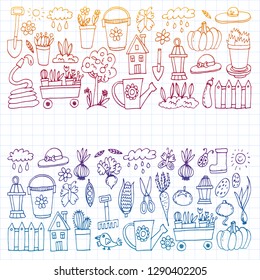 Garden, agriculture, garden tools, equipment, harvest. Icons of gardening items.