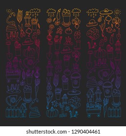 Garden, agriculture, garden tools, equipment, harvest. Icons of gardening items.