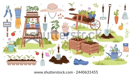 Garden. Agriculture vector illustrations big set. Garden tools, household collection. Growing vegetables. Spring greenhouse plants, seedlings, potting ladder, compost, cart. Landscape design.