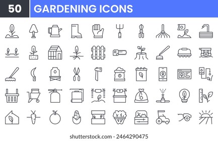 Garden and agriculture vector line icon set. Contain linear outline icons like plant, soil, harvest, growth, botany, farming, horticulture, fertilizer, seed, sprout, organic. Editable use and stroke.