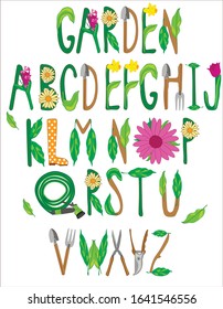 
 Garden alphabet isolate on a white background. Fonts made with leaves, flowers, garden tools, spade, pitchfork, hose, vector  design. 
Spring alphabet with botanical elements. 