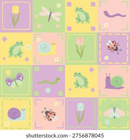Garden animals mosaic seamless pattern. Cartoon frog, snail, butterfly, moth, worm, ladybug, dragonfly on patchwork background. Childish illustrations in pastel palette for printing on fabric, paper.