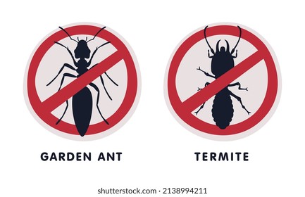 Garden Ant and Termite Red Warning or Prohibition Sign with Cross Line Vector Set