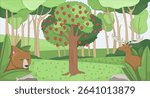 Garden apple tree with forest animals flat illustration background. Woodland bear and deer peeking through lush greenery, appletree Eden biblical 2D cartoon backdrop. Colorful scene vector art image