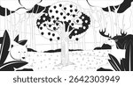 Garden apple tree with forest animals line illustration backdrop. Woodland bear and deer peeking through lush greenery, appletree Eden biblical 2D ink outline monochrome background. Lineart vector