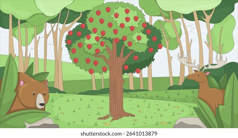 Garden apple tree with forest animals flat illustration background. Woodland bear and deer peeking through lush greenery, appletree Eden biblical 2D cartoon backdrop. Colorful scene vector art image