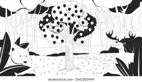 Garden apple tree with forest animals line illustration backdrop. Woodland bear and deer peeking through lush greenery, appletree Eden biblical 2D ink outline monochrome background. Lineart vector
