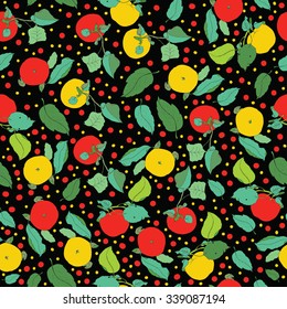 Garden Apples seamless vector pattern with leaves, sticks, and dots. Colorful. Black background