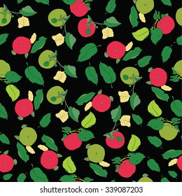 Garden Apples seamless vector pattern with leaves, sticks. Colorful. Black background