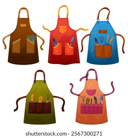 Garden aprons. Apron with gardening tools in pockets, spring agriculture clothes farm equipment gardener farmer uniform, cartoon set tidy vector illustration original artwork