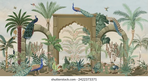 Arco de jardín, pavo real, planta y vectores de ave ilustran un patrón sin fisuras, fondo acuarela.