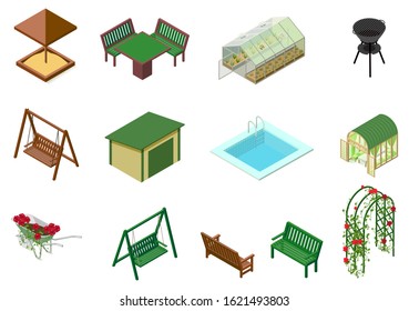 Garden architecture objects 3d isometric illustration. Sandbox, table, chair, swing, trolley, greenhouse, flowers, bench, pool, barbecue and flowerbed roses. Vector cartoon isolated on white